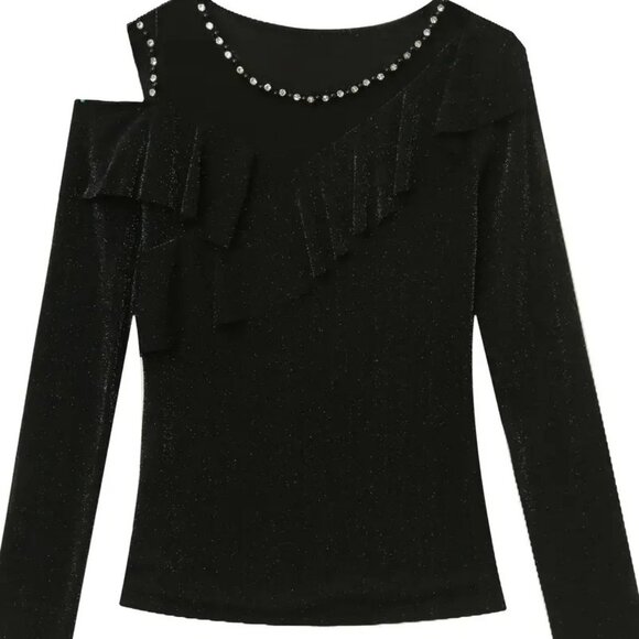 Rhinestones Glitter Sheer Long Sleeves Ruffle Trim Cut Out Top M - Picture 7 of 7